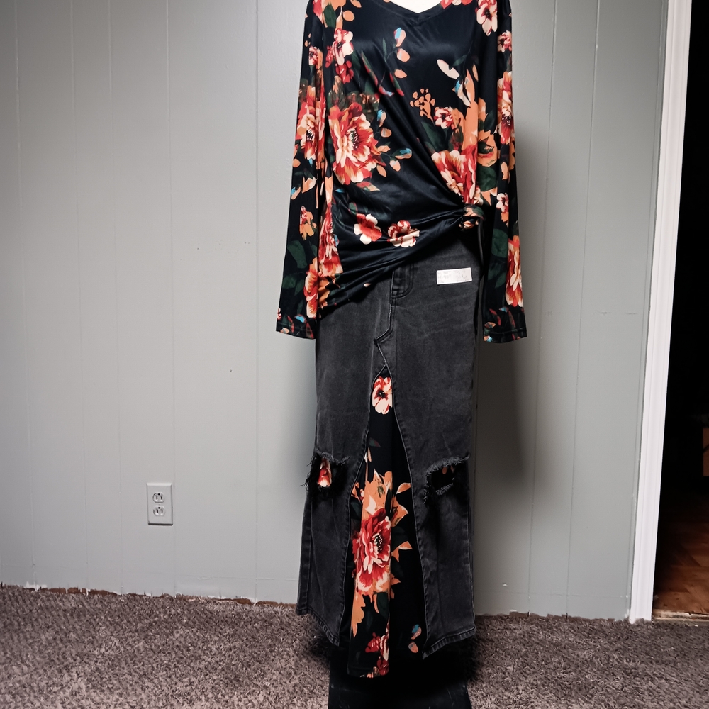Floral Black Denim Skirt